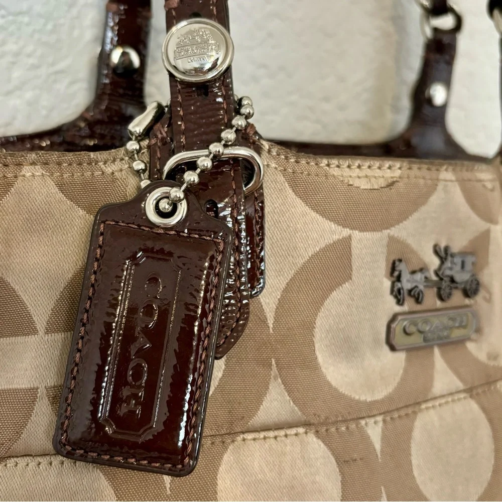 Coach Canvas Leather Tote Madison Tribeca Op Art Small Gold Tan Brown Pink Satin - Picture 6 of 15